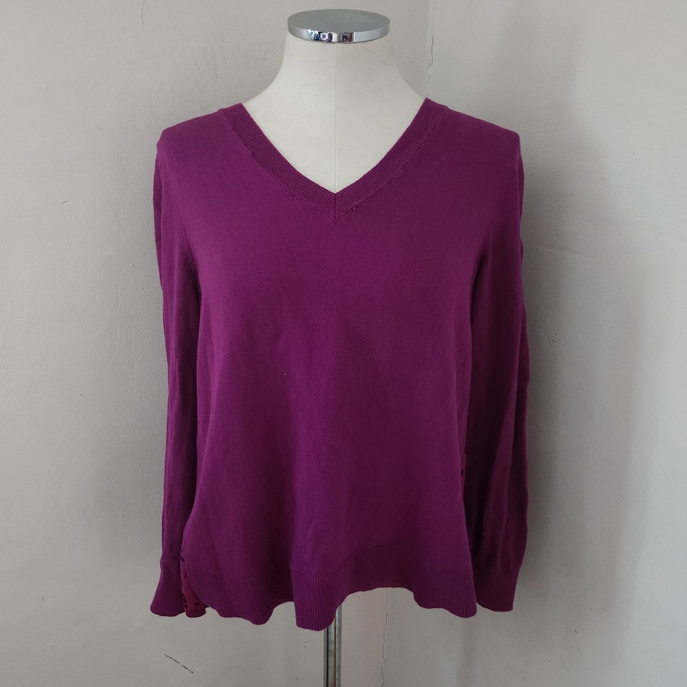 LOFT Outlet Womens Small‎ Purple V-Neck Mixed Media Leopard Print Back Sweater